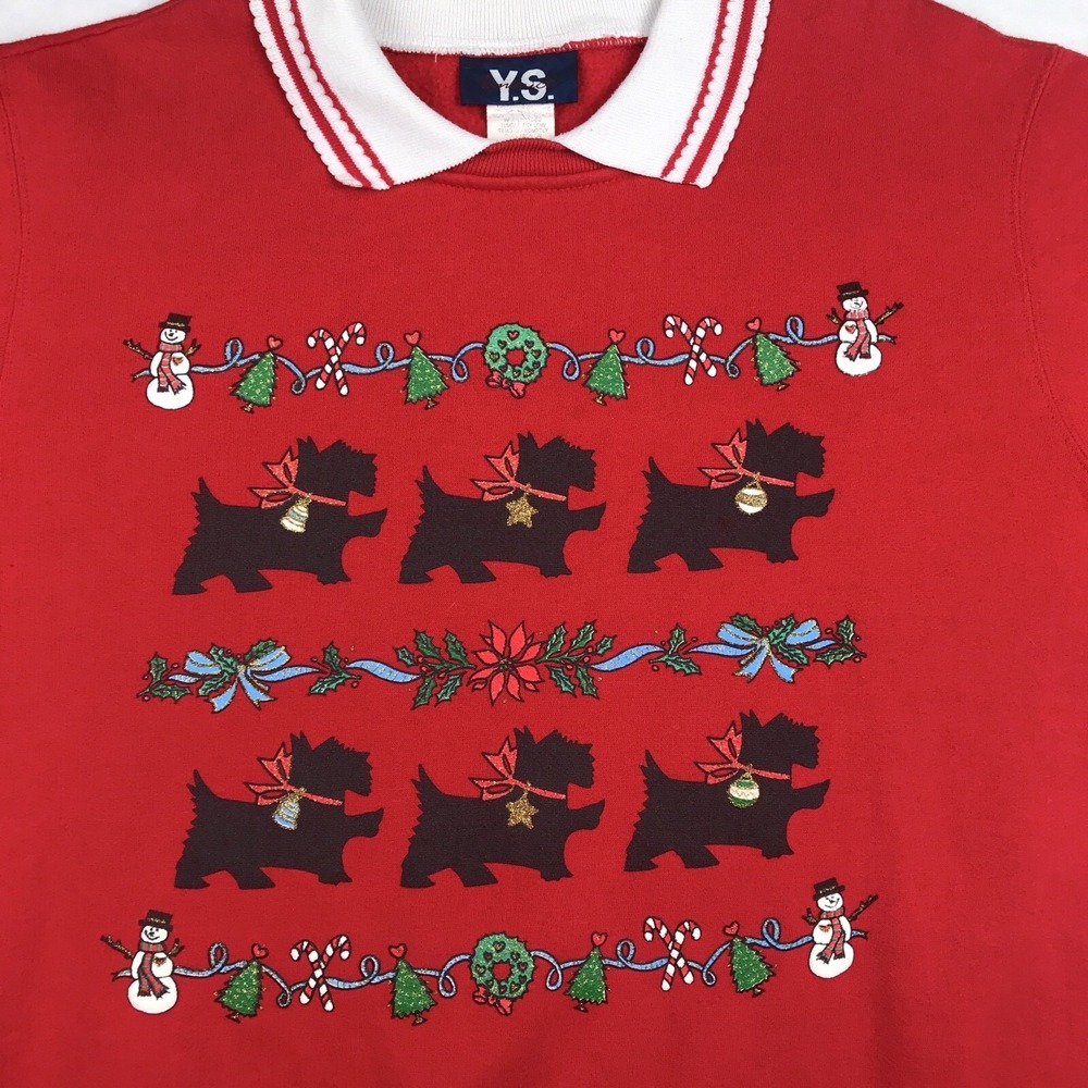 vtg 90s SCOTTIE DOG CHRISTMAS collared granny‎ Sweatshirt L snowman sweater tee